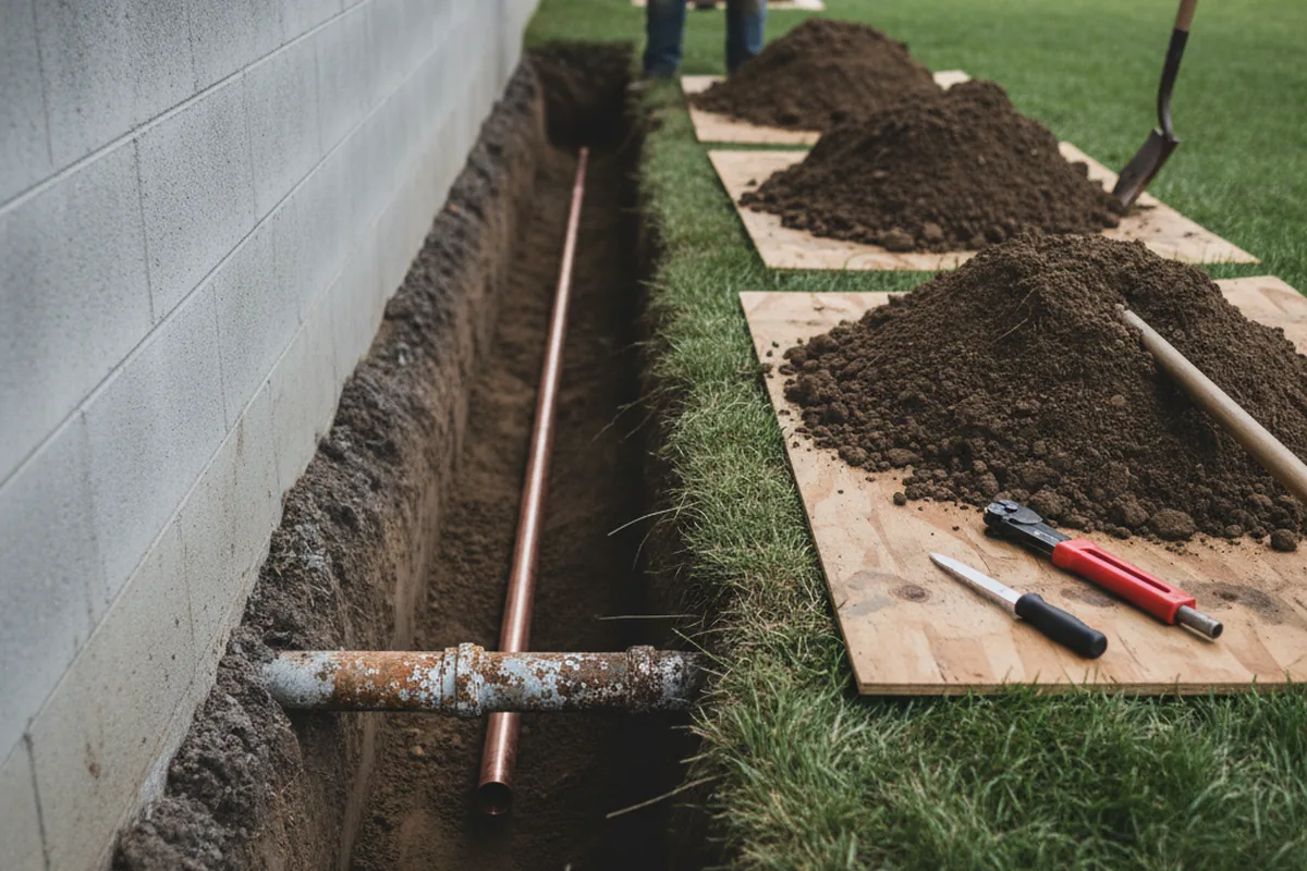 Excavated water line trench during Sewer Line Repair in Schaumburg